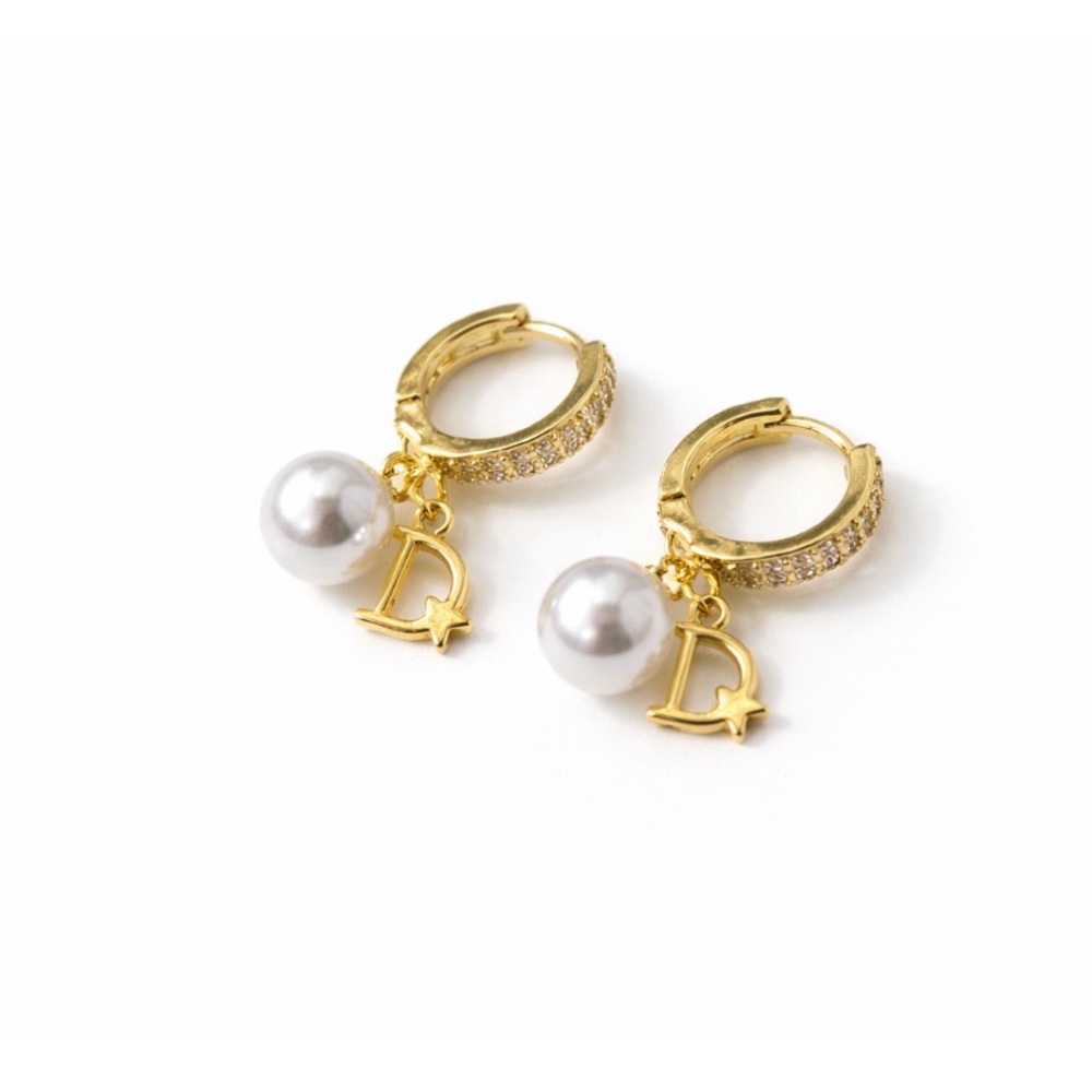 Gold Pearl Charm Hoop Earrings | Designer-Inspired D Drop | Luxe Statement